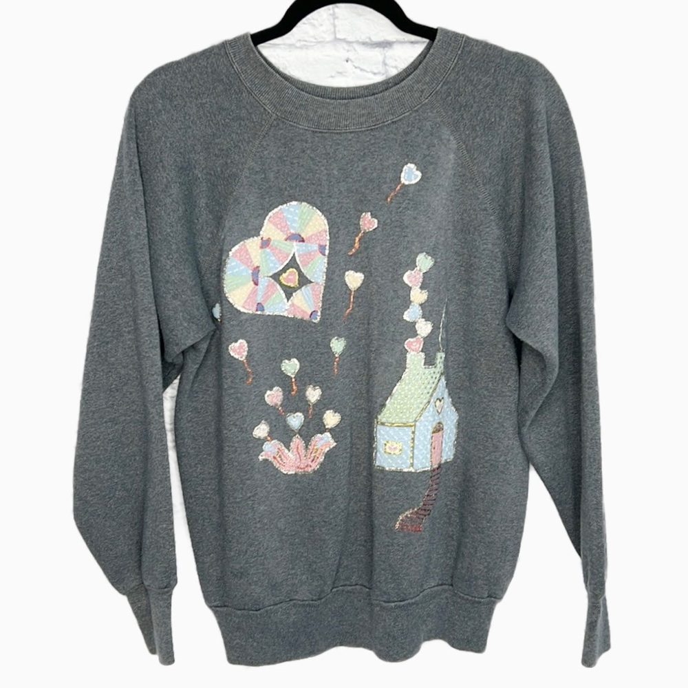 VTG Pannill 80s 90s Sweatshirt Large Raglan Cut Appliqué Charcoal Grey Crewneck